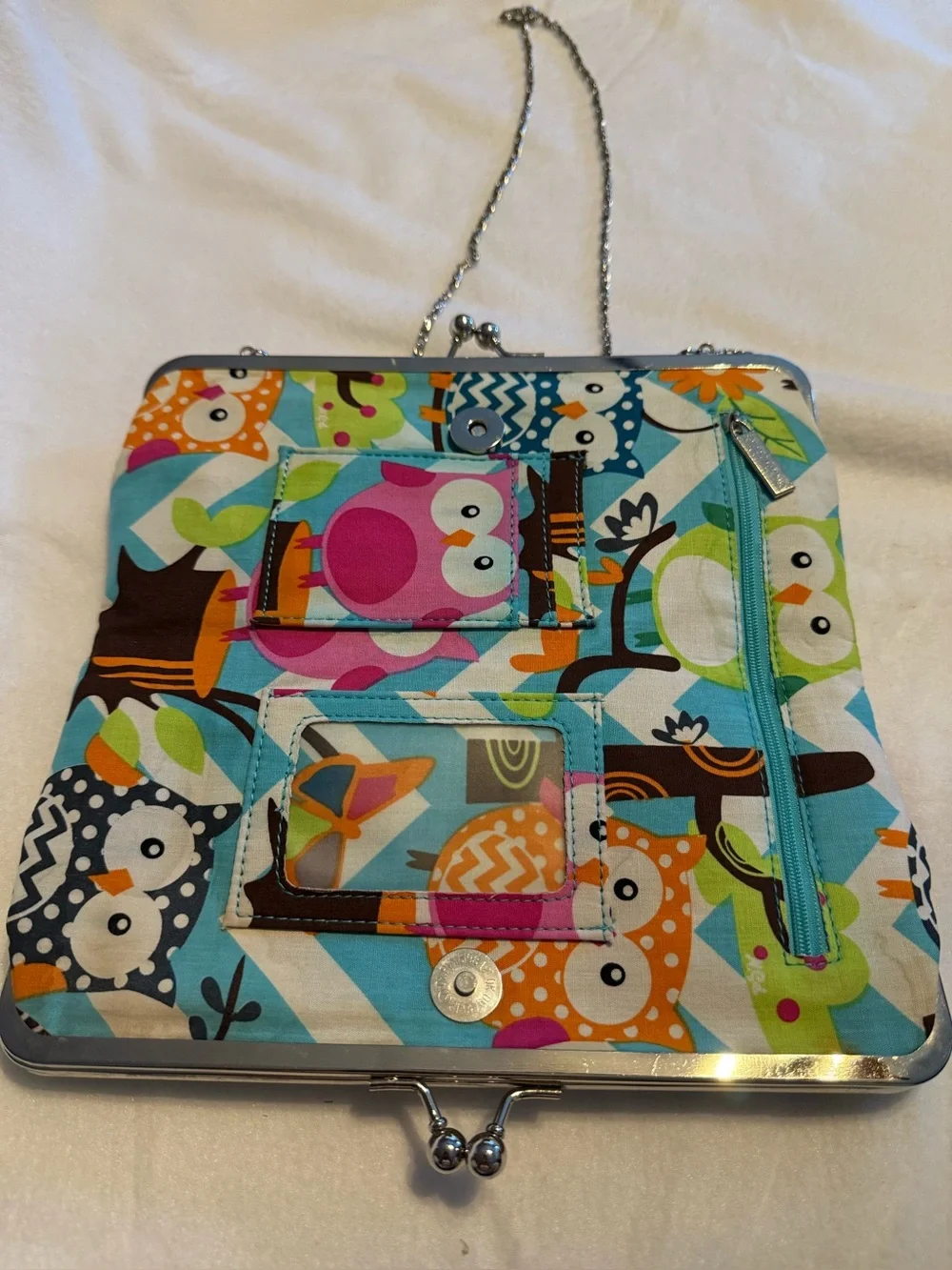 Owl Print Kiss Lock Wallet Clutch Crossbody Purse Chain Strap Colorful Quilted